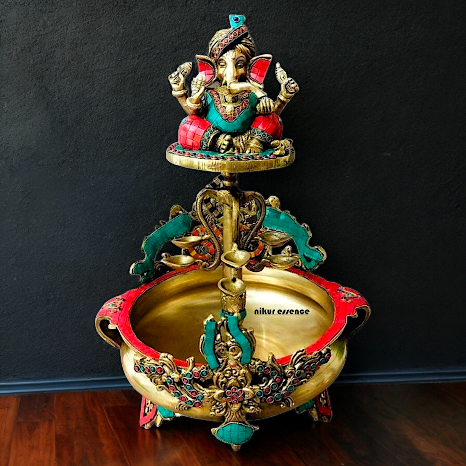 Large Ganesh Urli with diyas stone work brass - 22 Inch Nikuressence