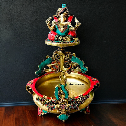 Large Ganesh Urli with diyas stone work brass - 22 Inch Nikuressence