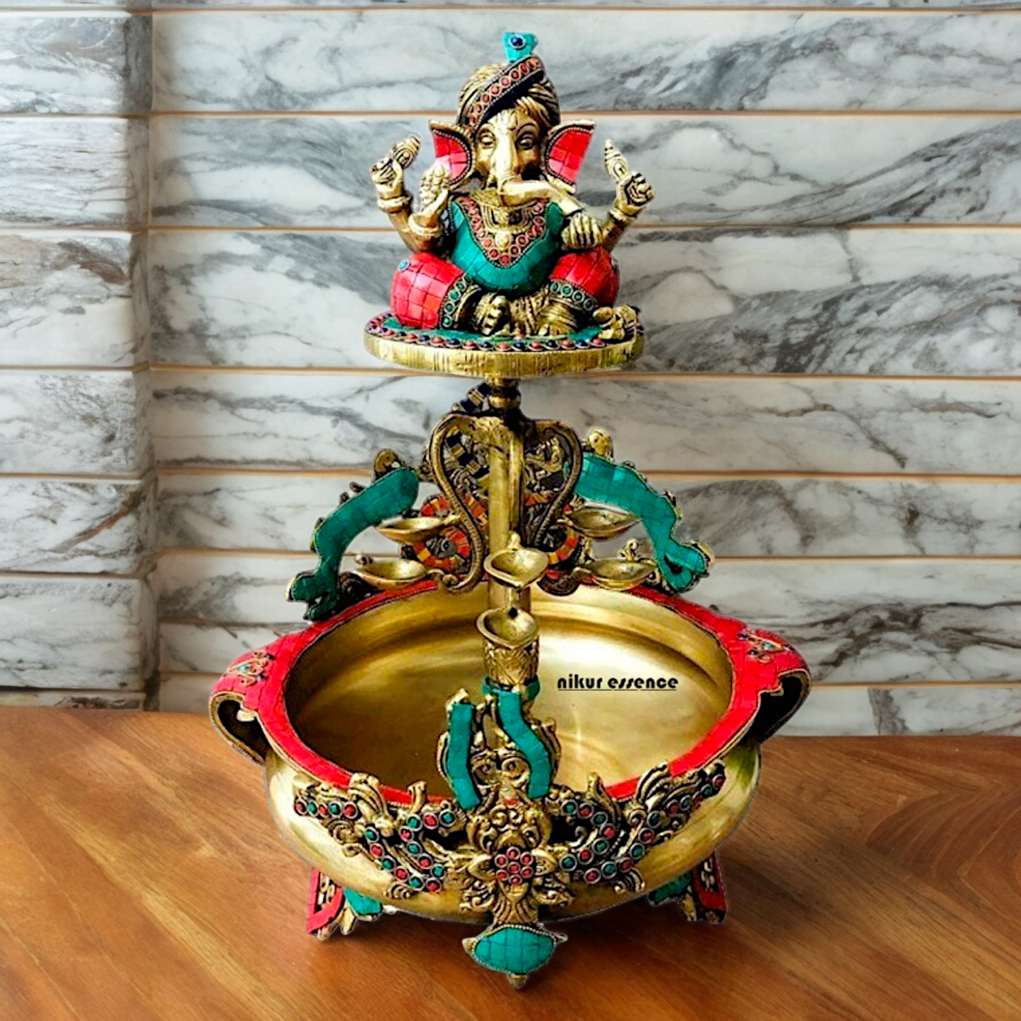 Large Ganesh Urli with diyas stone work brass - 22 Inch Nikuressence