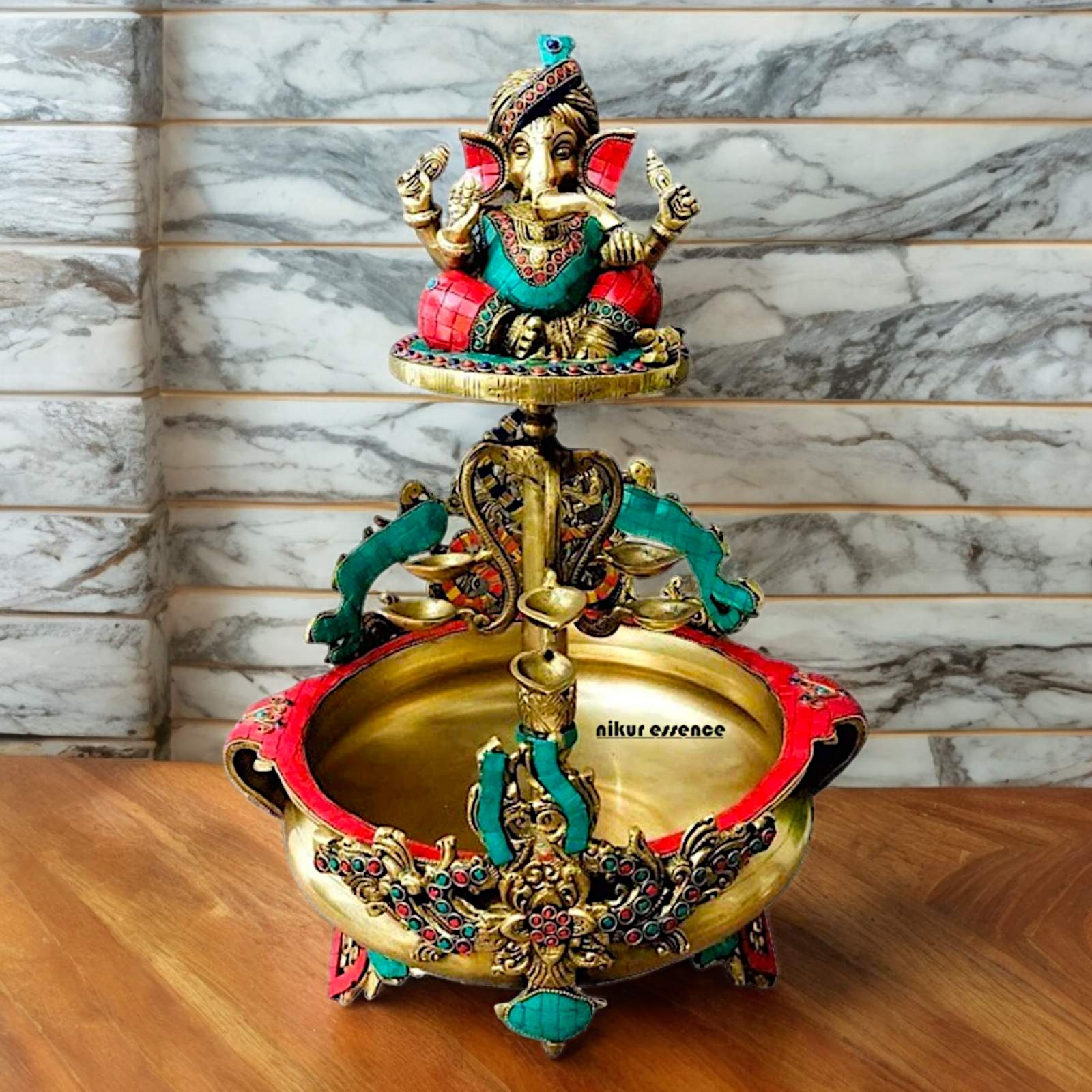 Large Ganesh Urli with diyas stone work brass - 22 Inch Nikuressence