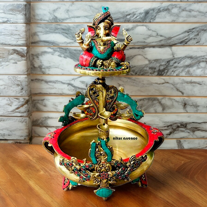 Large Ganesh Urli with diyas stone work brass - 22 Inch Nikuressence