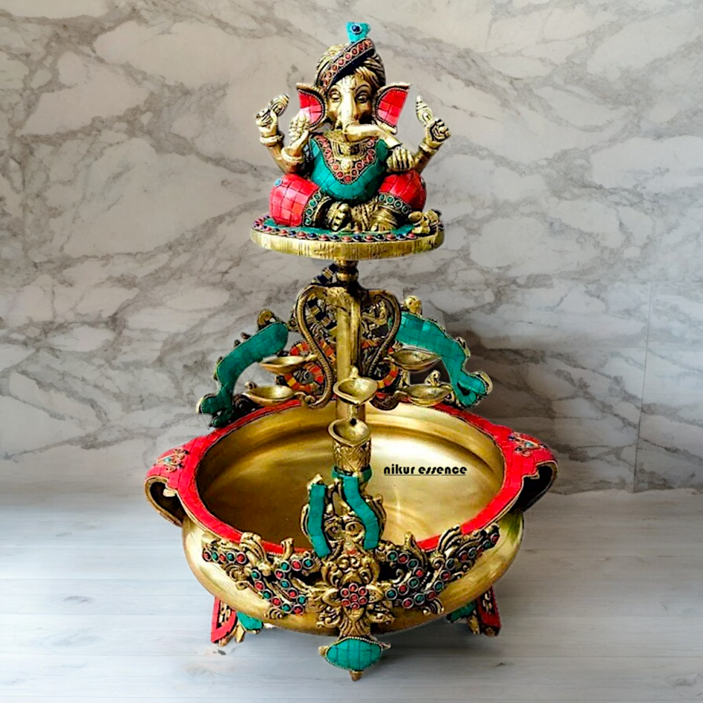 Large Ganesh Urli with diyas stone work brass - 22 Inch Nikuressence