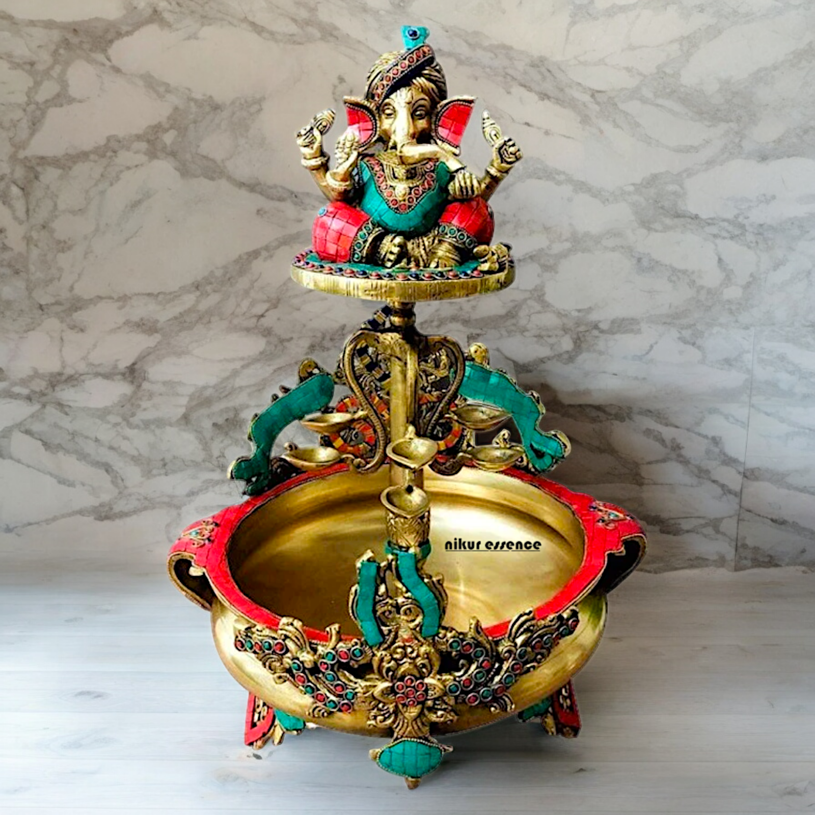 Large Ganesh Urli with diyas stone work brass - 22 Inch Nikuressence