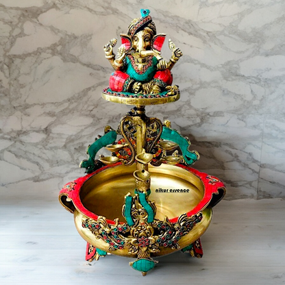 Large Ganesh Urli with diyas stone work brass - 22 Inch Nikuressence
