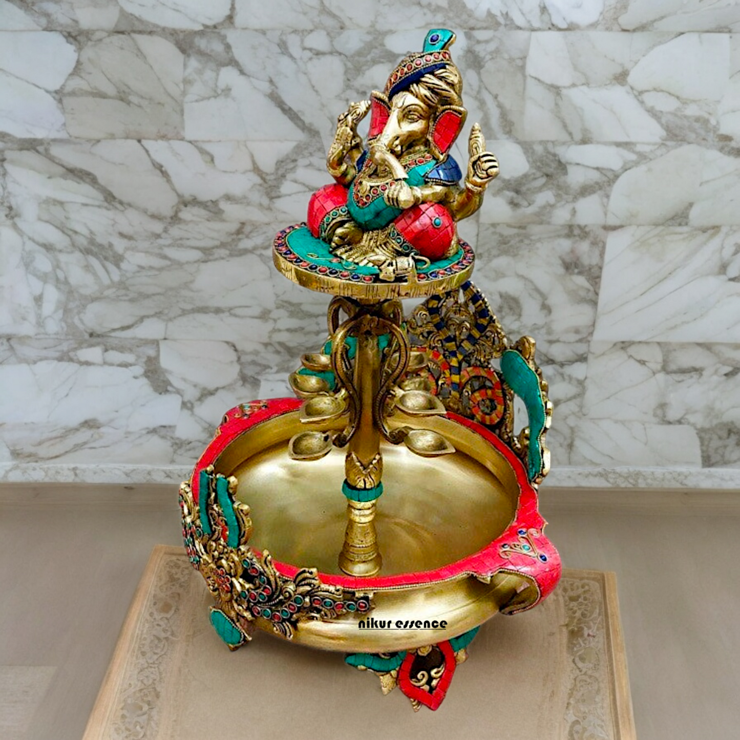 Large Ganesh Urli with diyas stone work brass - 22 Inch Nikuressence