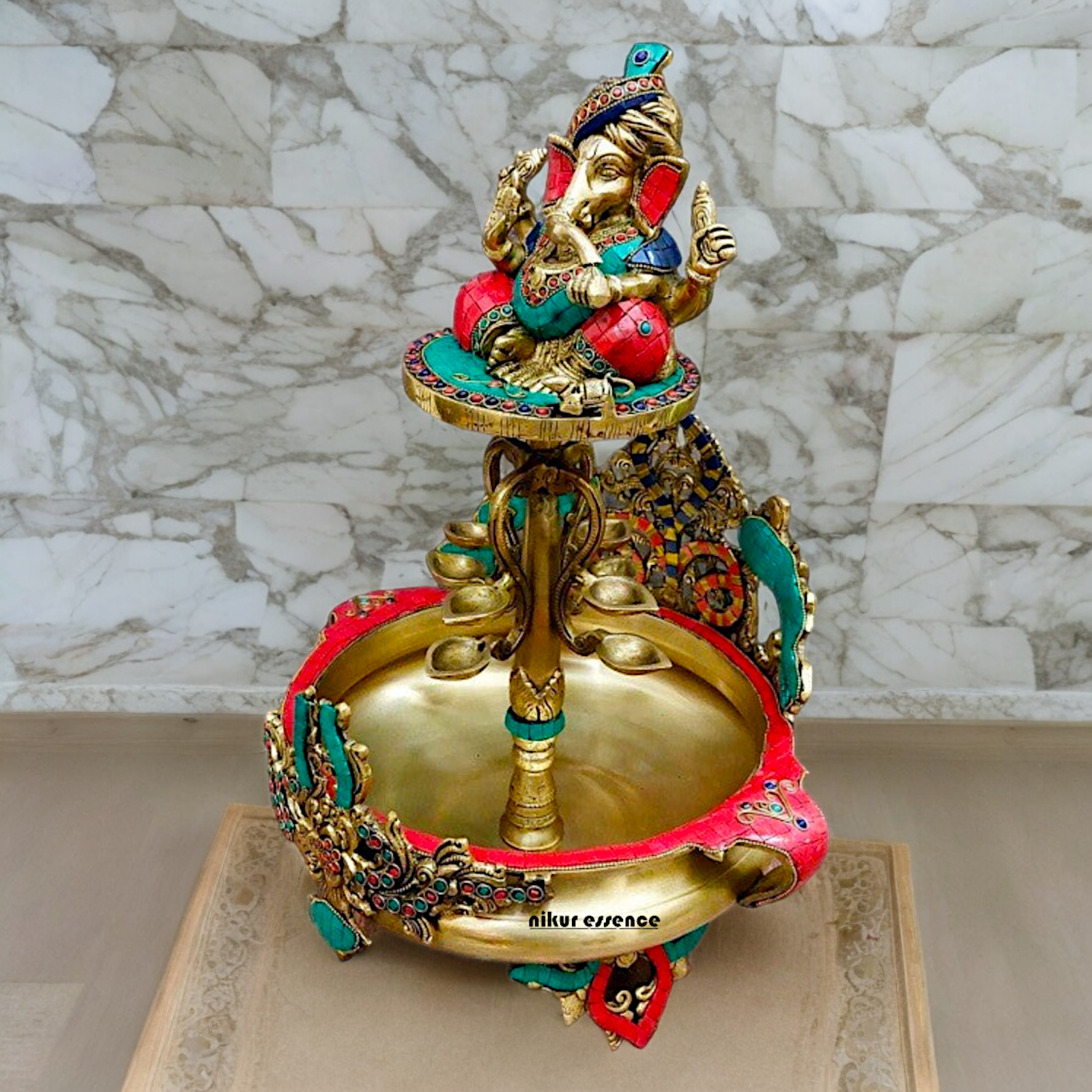 Large Ganesh Urli with diyas stone work brass - 22 Inch Nikuressence