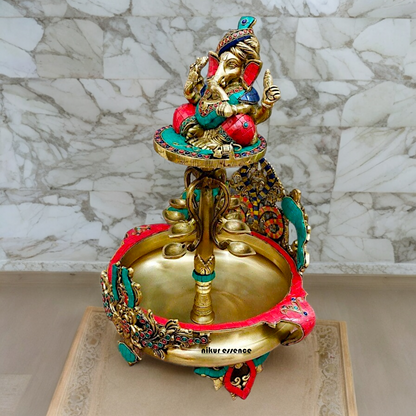 Large Ganesh Urli with diyas stone work brass - 22 Inch Nikuressence