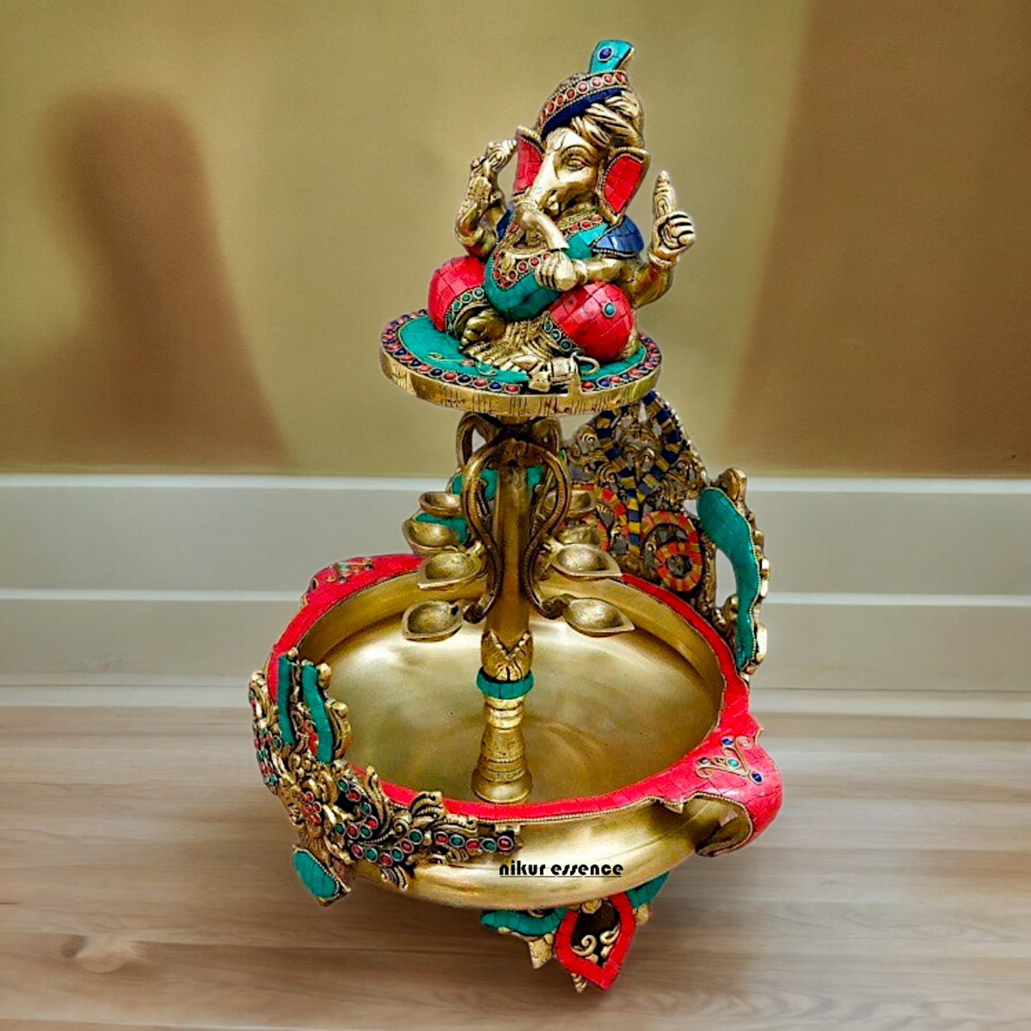 Large Ganesh Urli with diyas stone work brass - 22 Inch Nikuressence