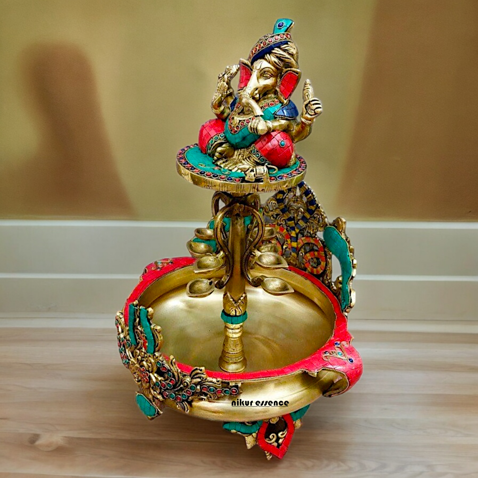 Large Ganesh Urli with diyas stone work brass - 22 Inch Nikuressence