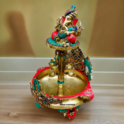 Large Ganesh Urli with diyas stone work brass - 22 Inch Nikuressence