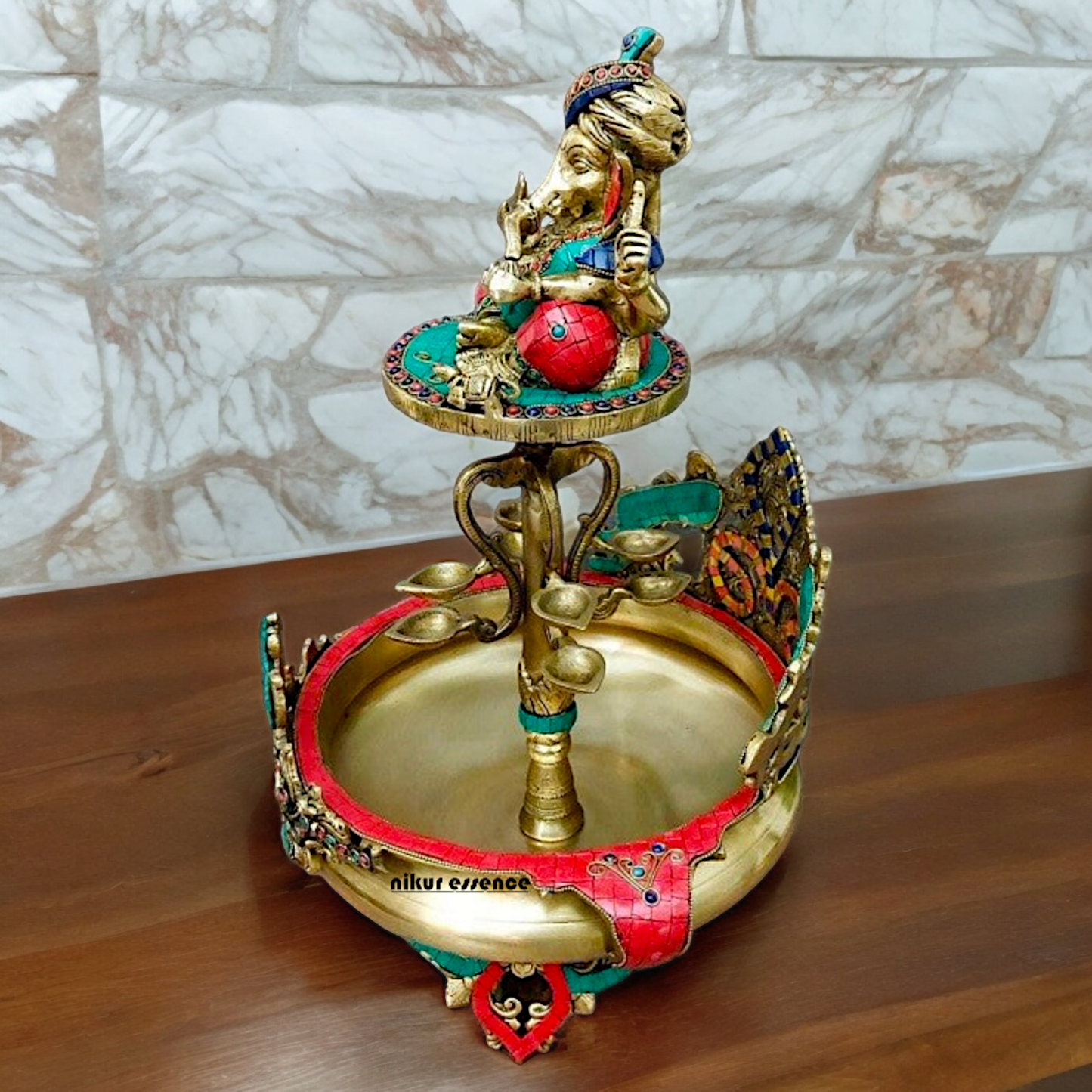 Large Ganesh Urli with diyas stone work brass - 22 Inch Nikuressence