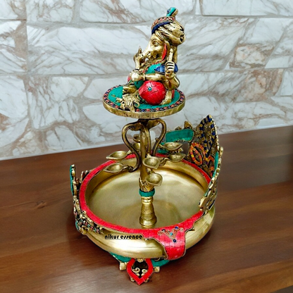 Large Ganesh Urli with diyas stone work brass - 22 Inch Nikuressence
