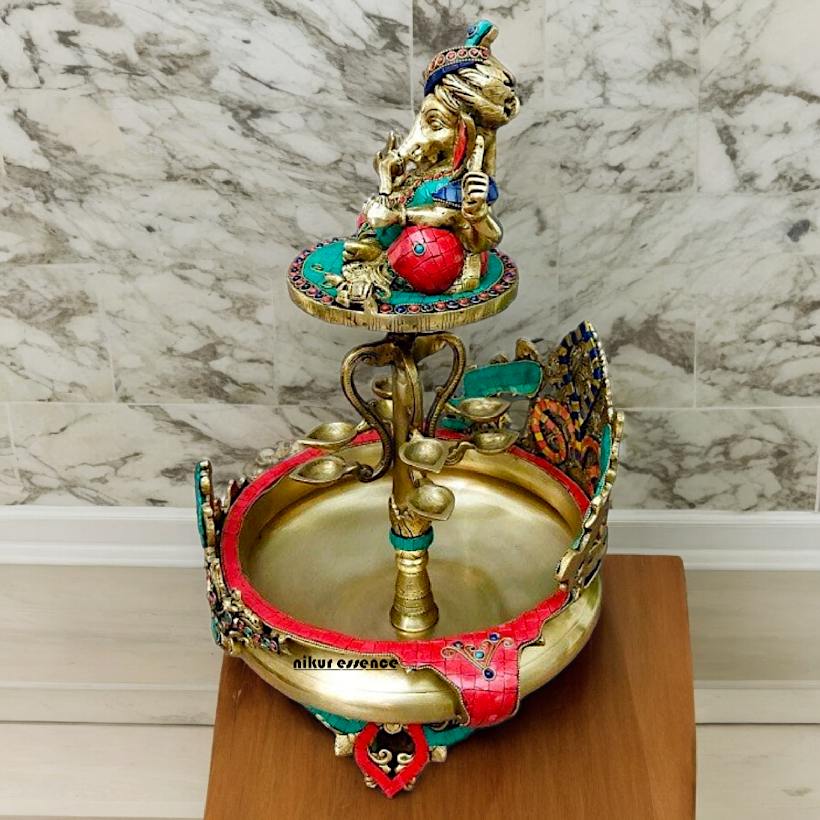 Large Ganesh Urli with diyas stone work brass - 22 Inch Nikuressence