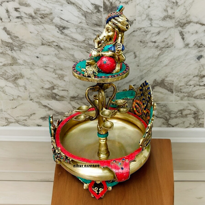 Large Ganesh Urli with diyas stone work brass - 22 Inch Nikuressence