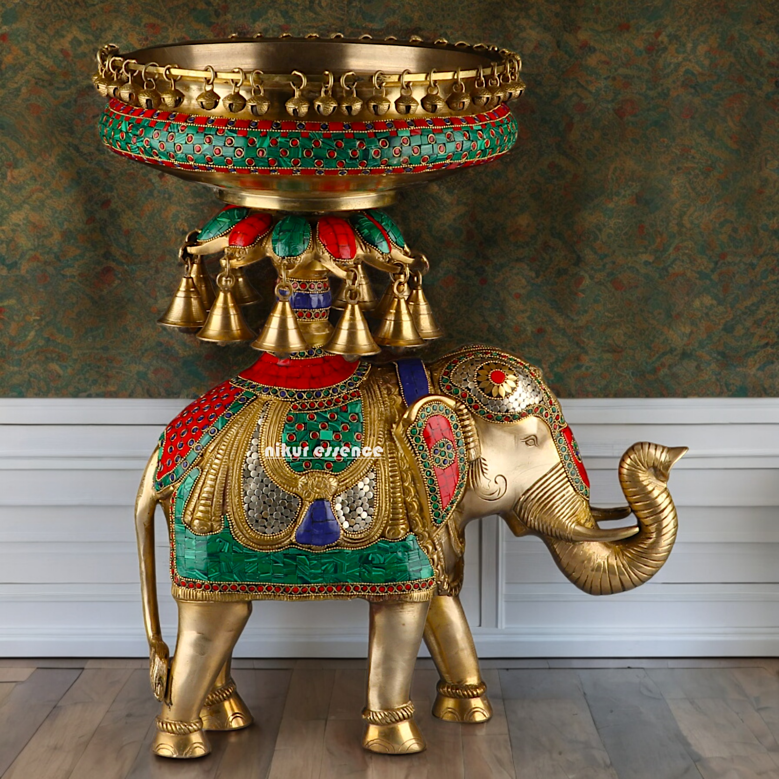 Large Elephant Urli with Bells Ghungroo Braas with Stone Work - 20.5 Inch Nikuressence