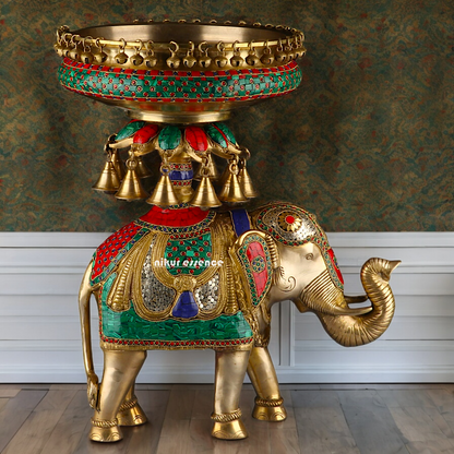 Large Elephant Urli with Bells Ghungroo Braas with Stone Work - 20.5 Inch Nikuressence