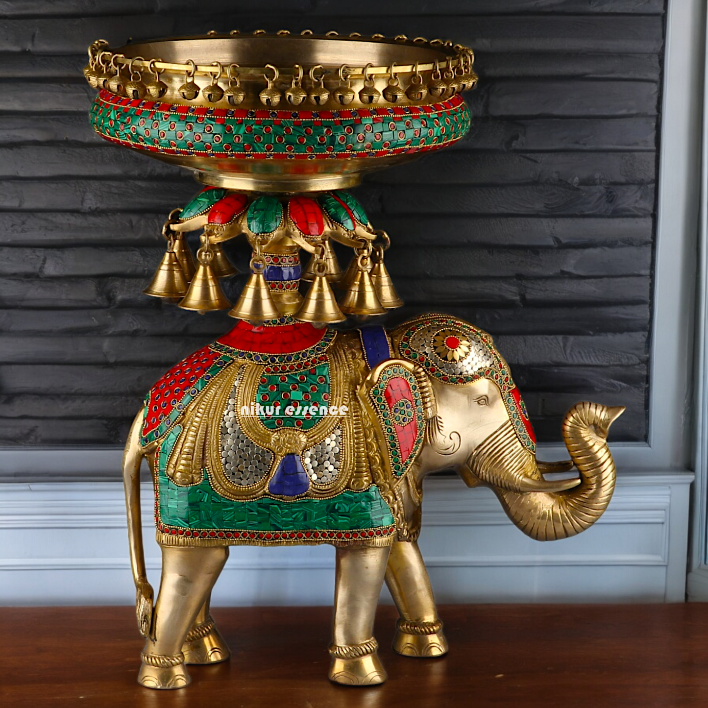 Large Elephant Urli with Bells Ghungroo Braas with Stone Work - 20.5 Inch Nikuressence