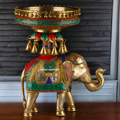 Large Elephant Urli with Bells Ghungroo Braas with Stone Work - 20.5 Inch Nikuressence