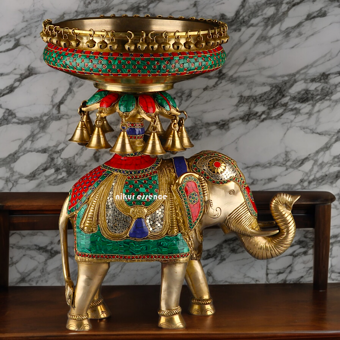 Large Elephant Urli with Bells Ghungroo Braas with Stone Work - 20.5 Inch Nikuressence