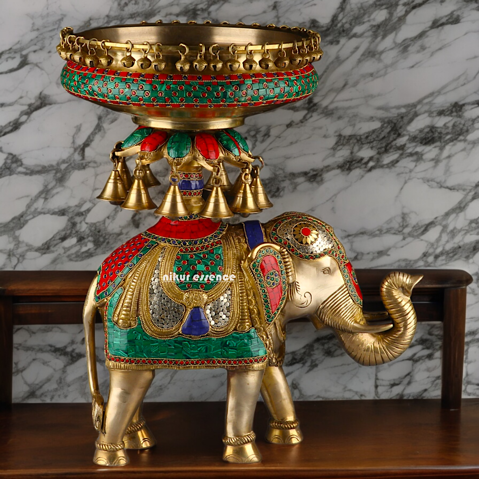 Large Elephant Urli with Bells Ghungroo Braas with Stone Work - 20.5 Inch Nikuressence