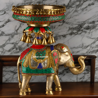 Large Elephant Urli with Bells Ghungroo Braas with Stone Work - 20.5 Inch Nikuressence
