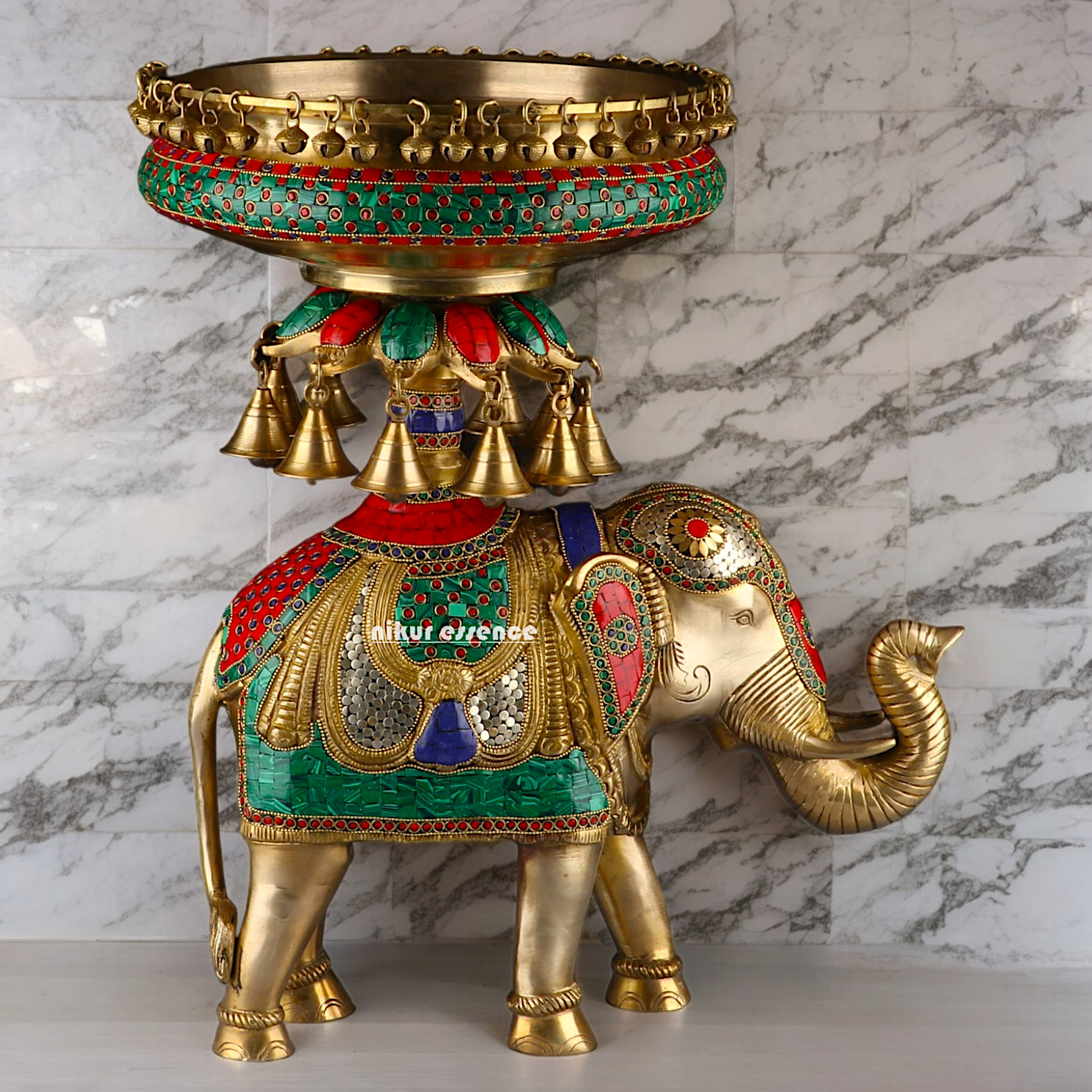 Large Elephant Urli with Bells Ghungroo Braas with Stone Work - 20.5 Inch Nikuressence