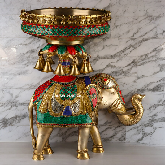 Large Elephant Urli with Bells Ghungroo Braas with Stone Work - 20.5 Inch Nikuressence