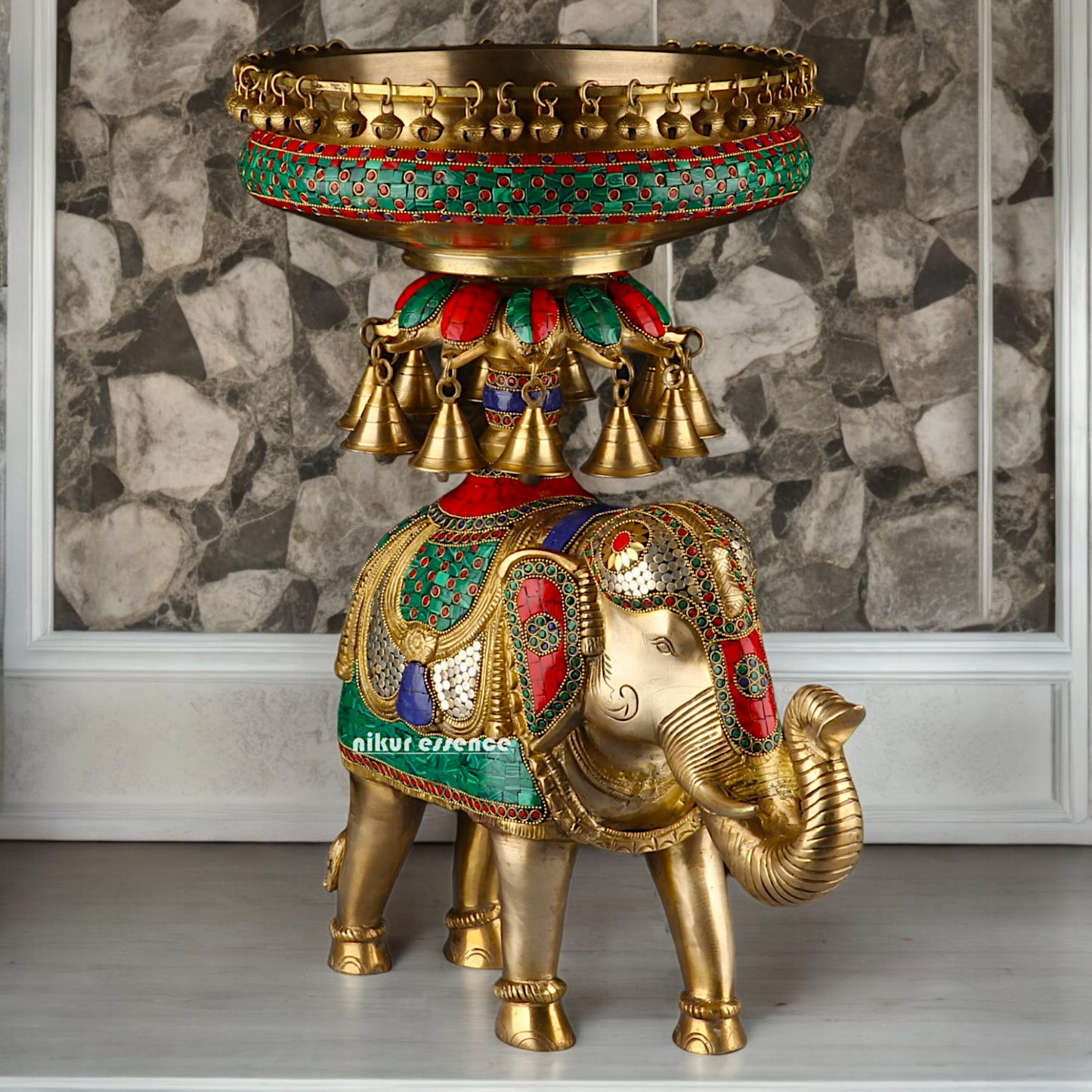 Large Elephant Urli with Bells Ghungroo Braas with Stone Work - 20.5 Inch Nikuressence