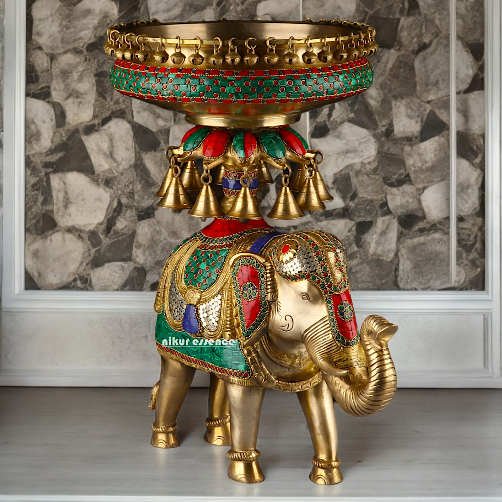 Large Elephant Urli with Bells Ghungroo Braas with Stone Work - 20.5 Inch Nikuressence