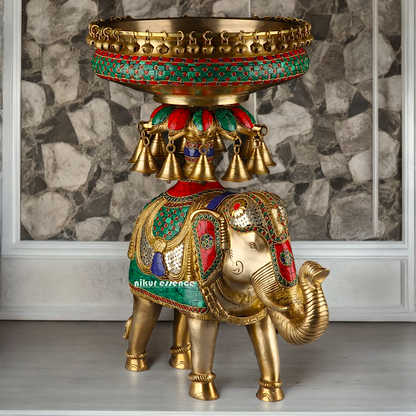 Large Elephant Urli with Bells Ghungroo Braas with Stone Work - 20.5 Inch Nikuressence