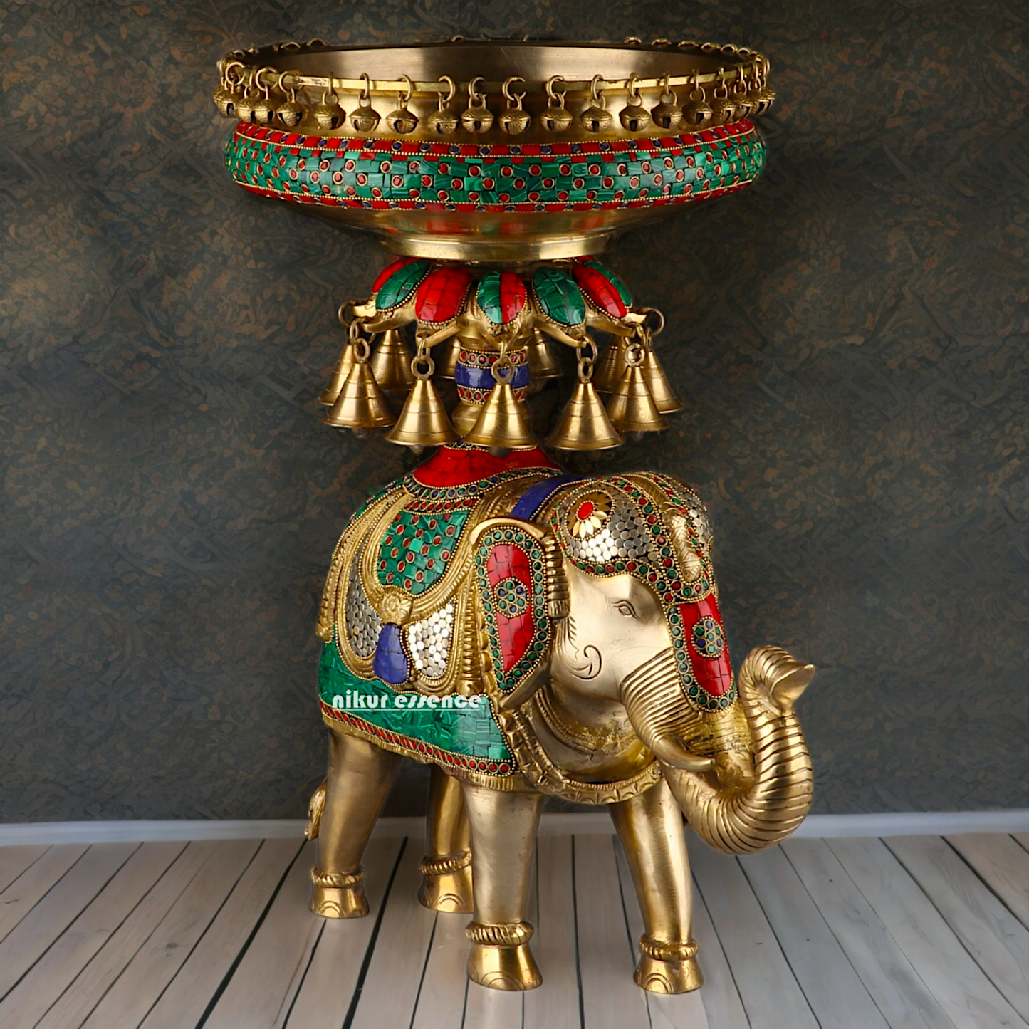 Large Elephant Urli with Bells Ghungroo Braas with Stone Work - 20.5 Inch Nikuressence