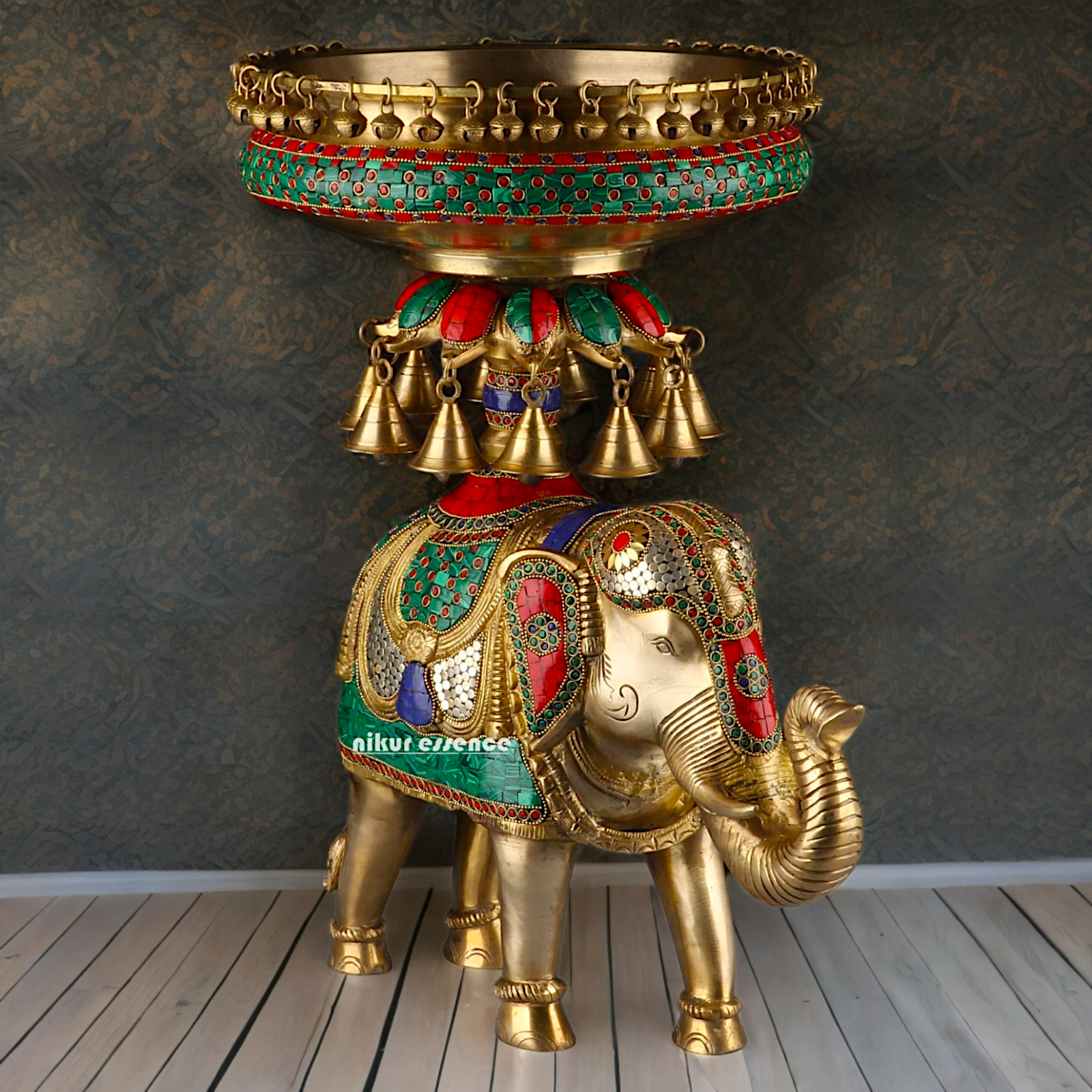 Large Elephant Urli with Bells Ghungroo Braas with Stone Work - 20.5 Inch Nikuressence
