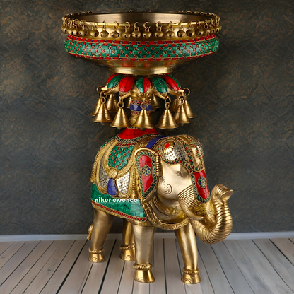 Large Elephant Urli with Bells Ghungroo Braas with Stone Work - 20.5 Inch Nikuressence