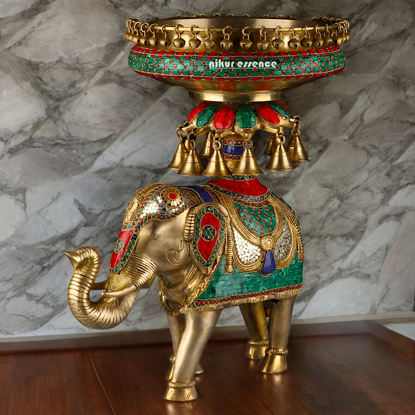 Large Elephant Urli with Bells Ghungroo Braas with Stone Work - 20.5 Inch Nikuressence