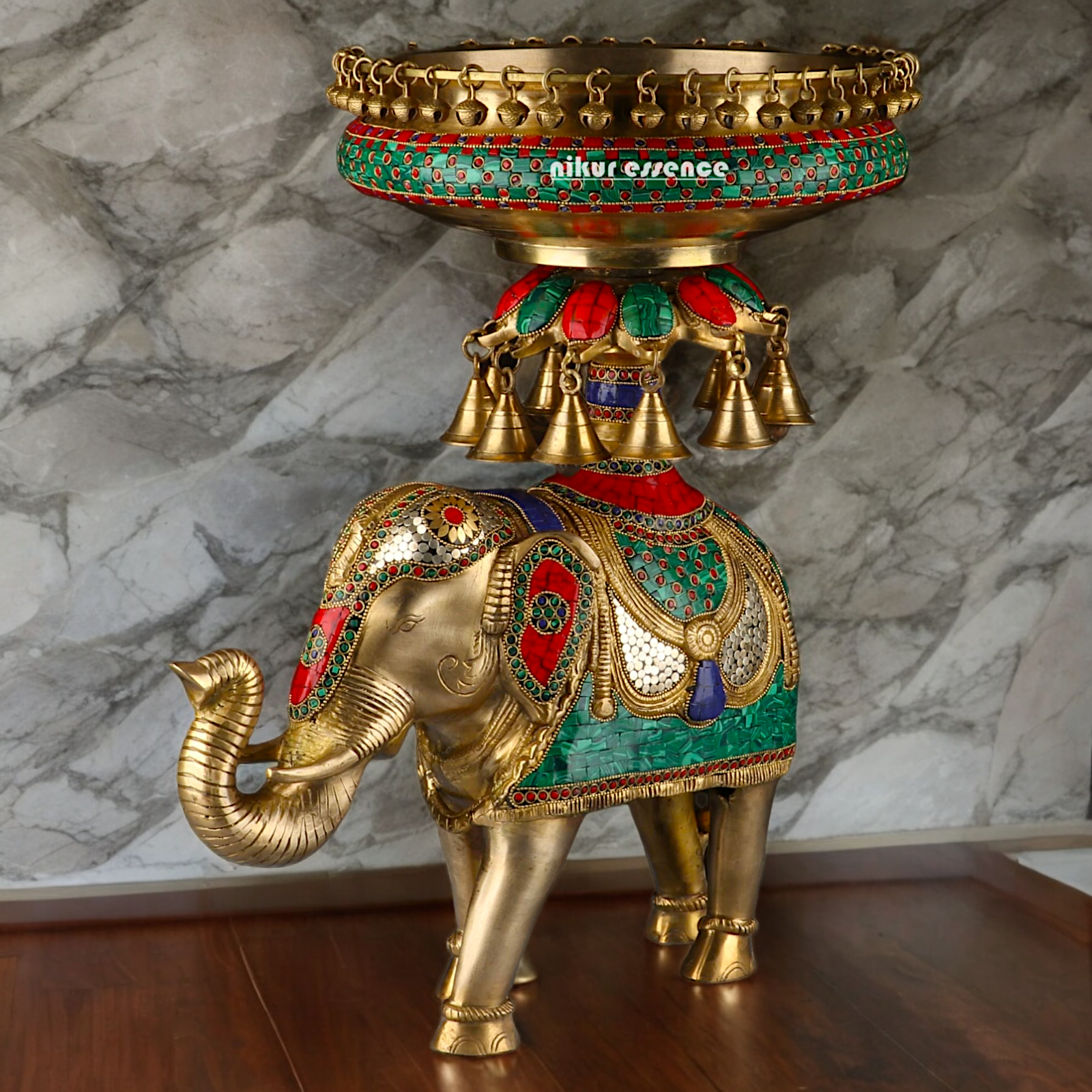 Large Elephant Urli with Bells Ghungroo Braas with Stone Work - 20.5 Inch Nikuressence
