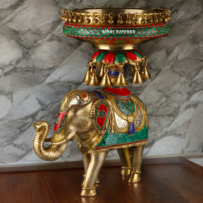 Large Elephant Urli with Bells Ghungroo Braas with Stone Work - 20.5 Inch Nikuressence