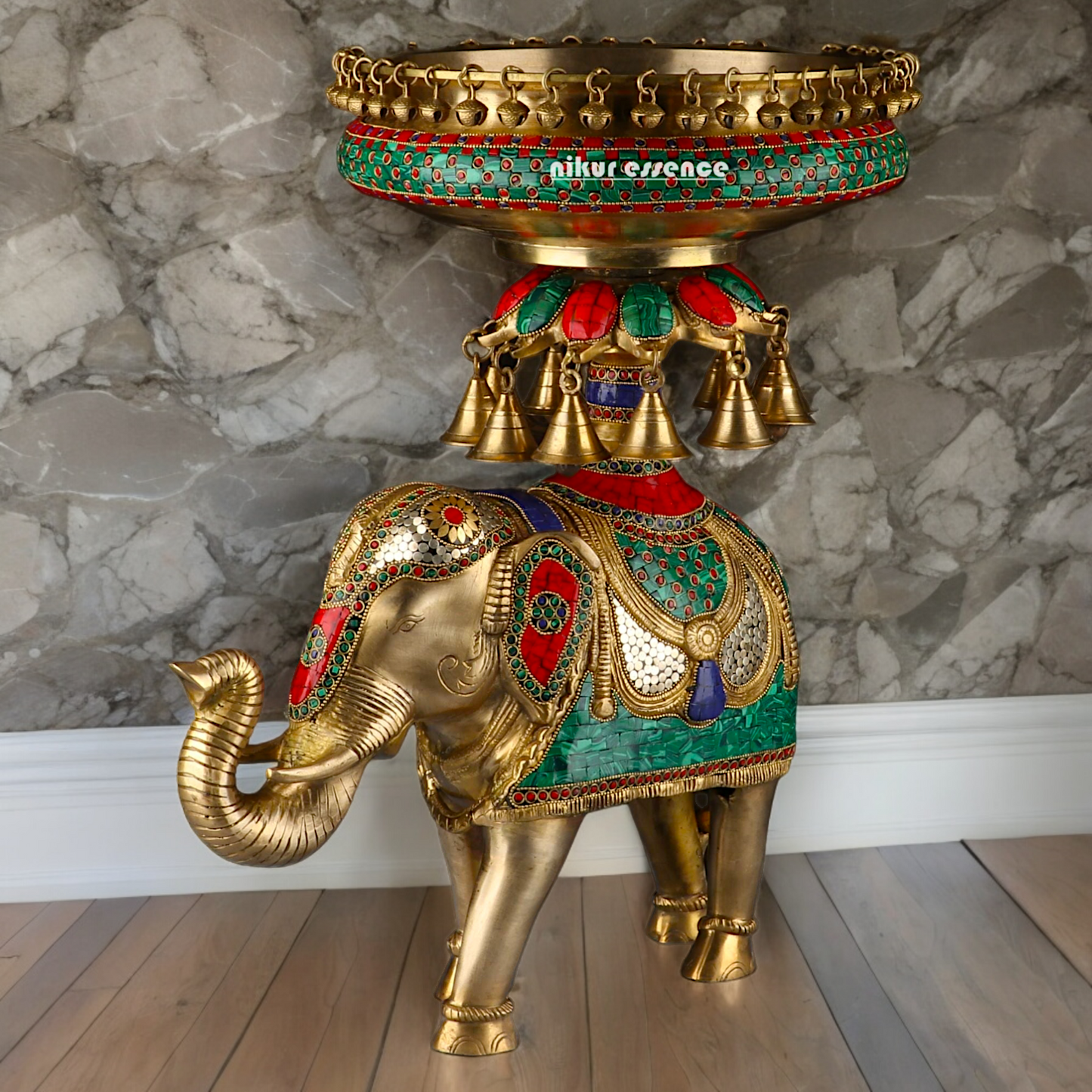 Large Elephant Urli with Bells Ghungroo Braas with Stone Work - 20.5 Inch Nikuressence