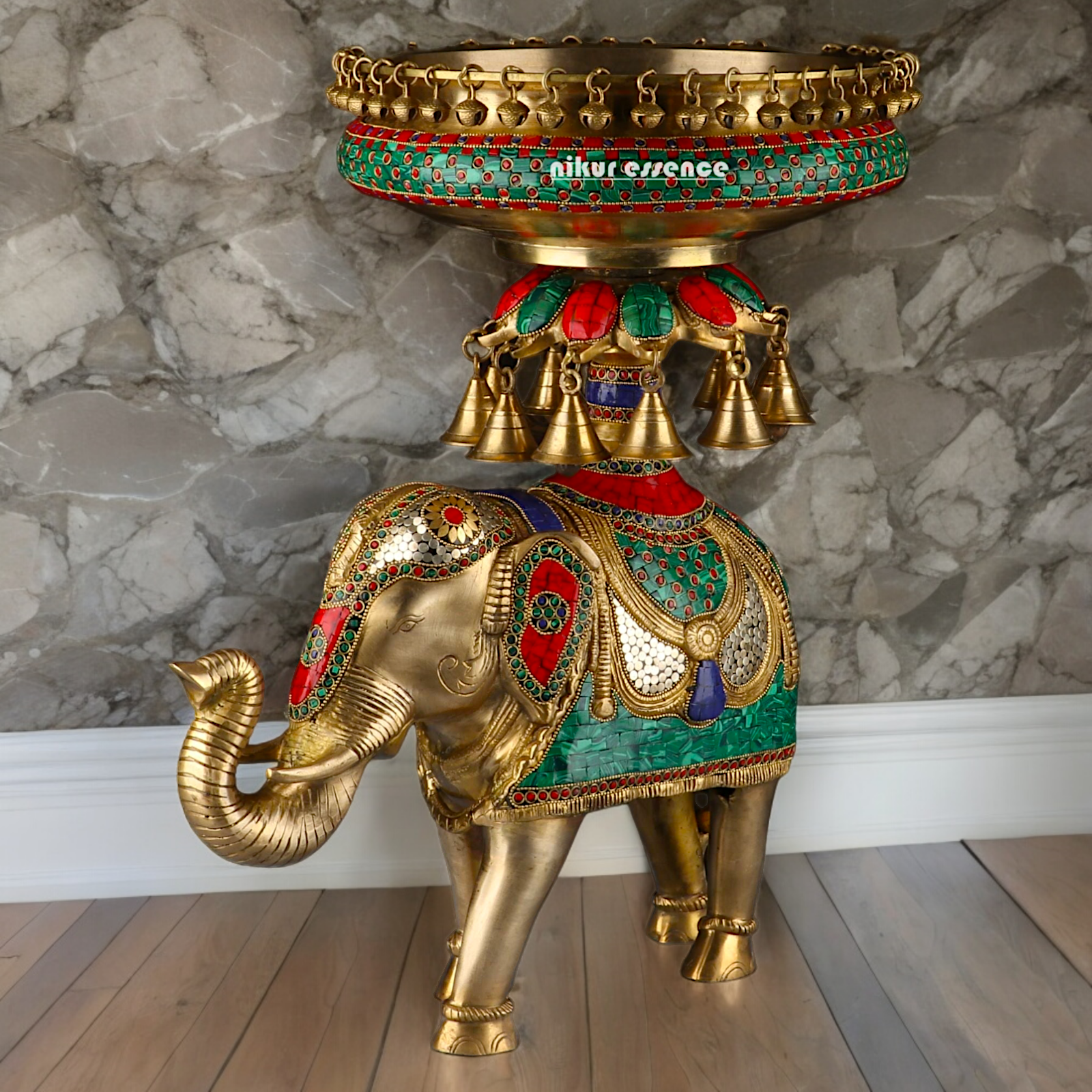 Large Elephant Urli with Bells Ghungroo Braas with Stone Work - 20.5 Inch Nikuressence