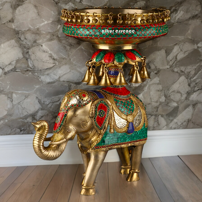 Large Elephant Urli with Bells Ghungroo Braas with Stone Work - 20.5 Inch Nikuressence