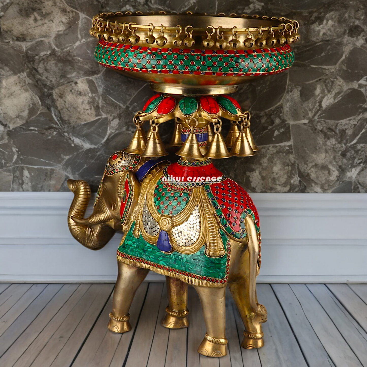 Large Elephant Urli with Bells Ghungroo Braas with Stone Work - 20.5 Inch Nikuressence