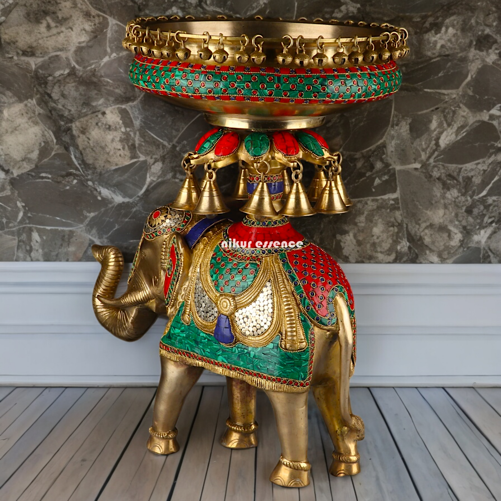 Large Elephant Urli with Bells Ghungroo Braas with Stone Work - 20.5 Inch Nikuressence