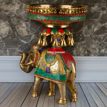 Large Elephant Urli with Bells Ghungroo Braas with Stone Work - 20.5 Inch Nikuressence