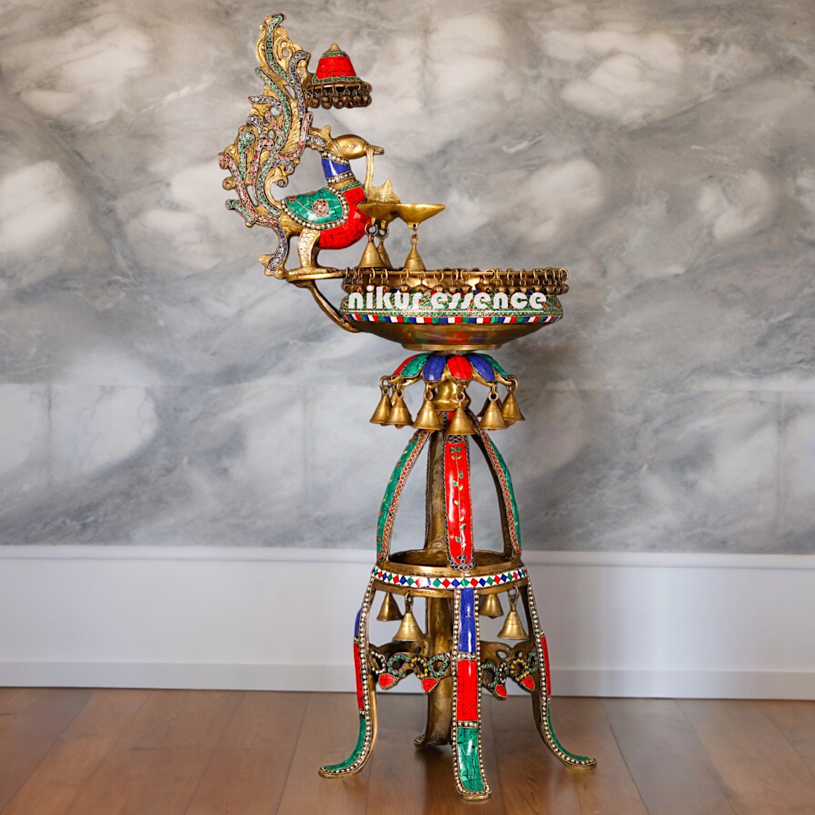 Large Peacock Urli with Diya Stone Work - 41 Inch Nikuressence