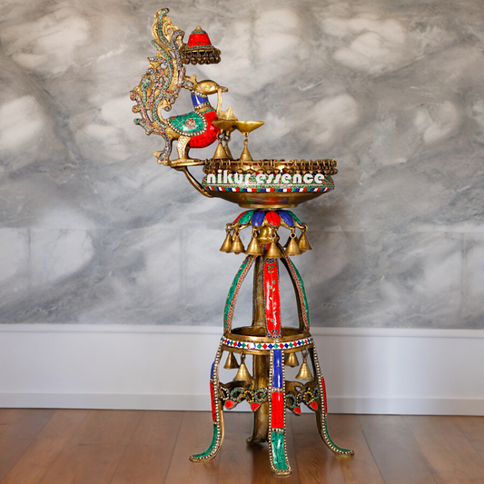 Large Peacock Urli with Diya Stone Work - 41 Inch Nikuressence