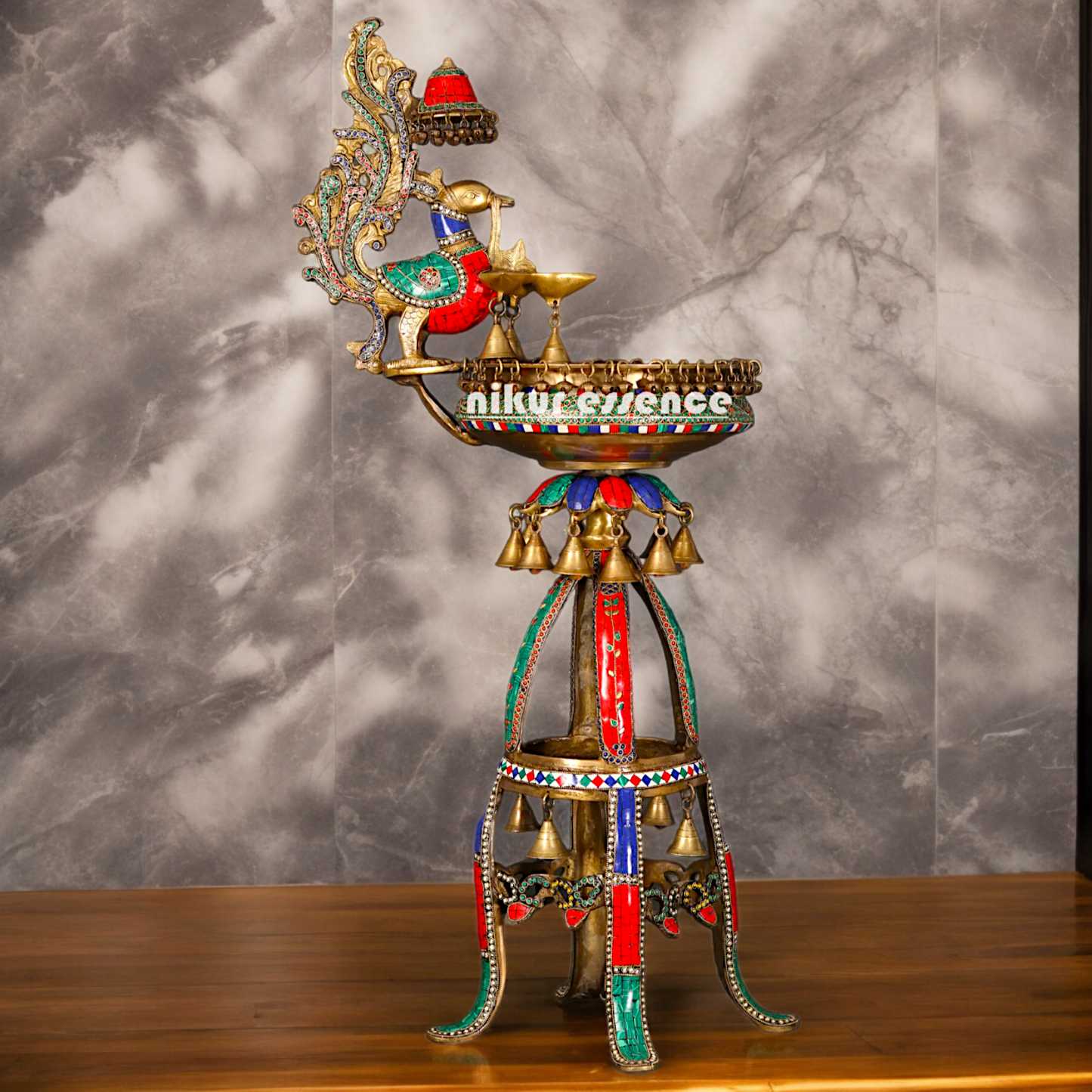 Large Peacock Urli with Diya Stone Work - 41 Inch Nikuressence