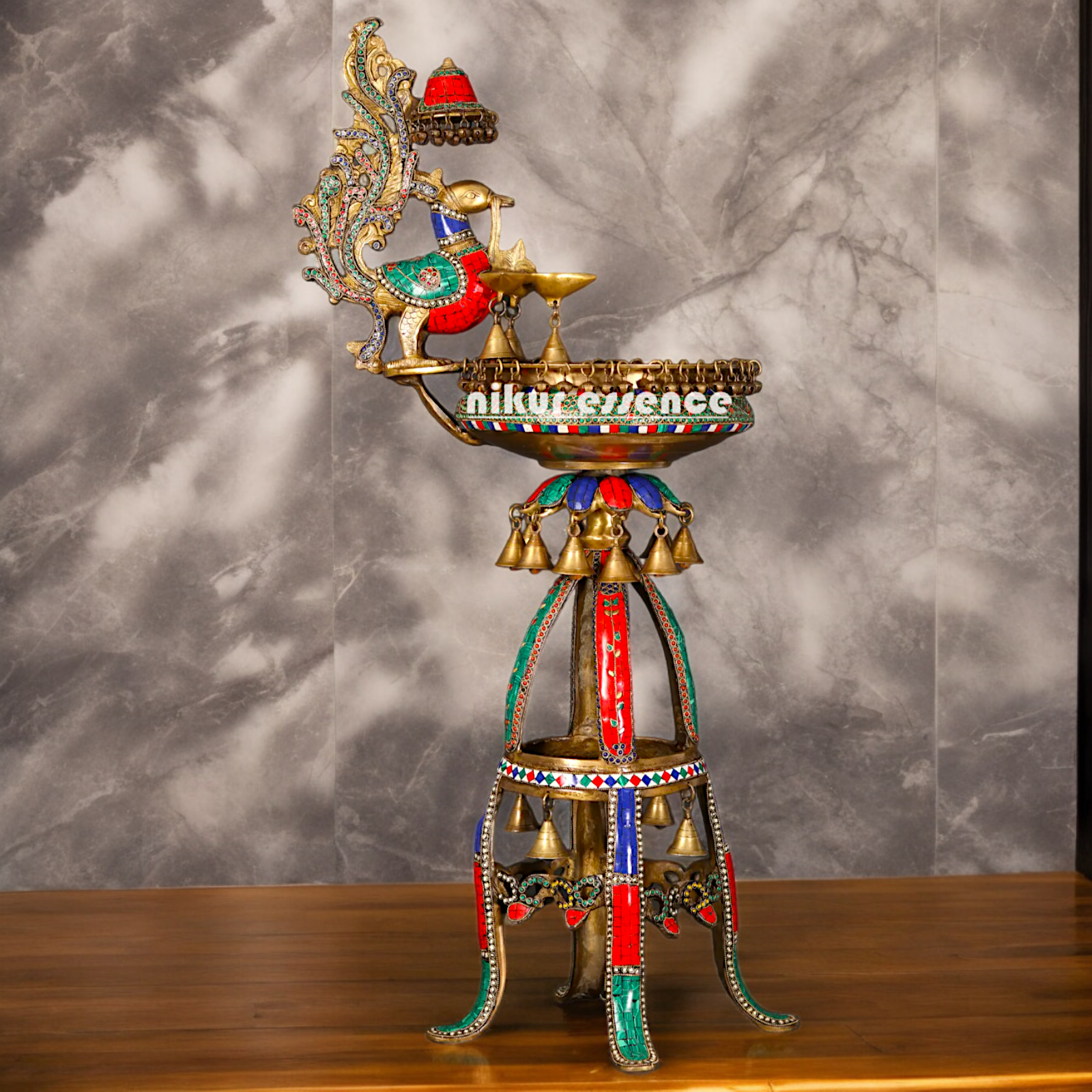 Large Peacock Urli with Diya Stone Work - 41 Inch Nikuressence