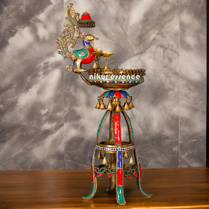 Large Peacock Urli with Diya Stone Work - 41 Inch Nikuressence
