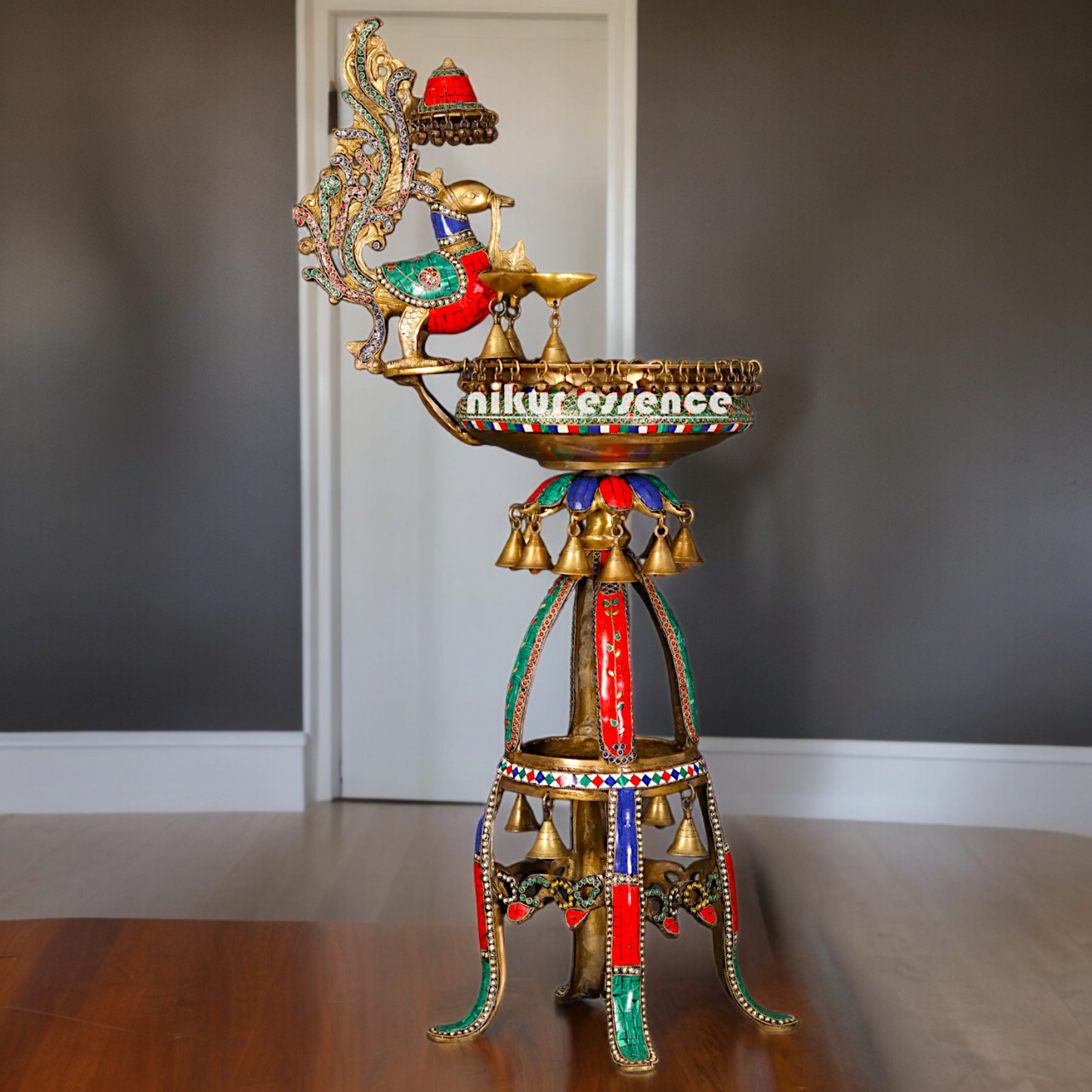 Large Peacock Urli with Diya Stone Work - 41 Inch Nikuressence