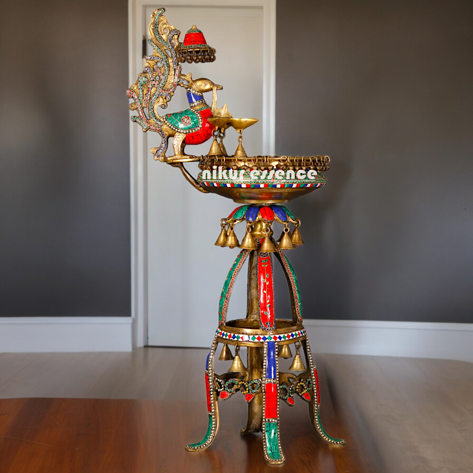 Large Peacock Urli with Diya Stone Work - 41 Inch Nikuressence