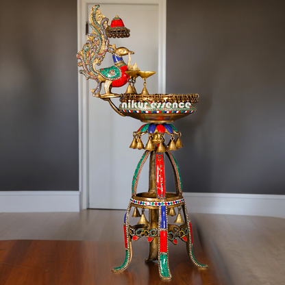 Large Peacock Urli with Diya Stone Work - 41 Inch Nikuressence